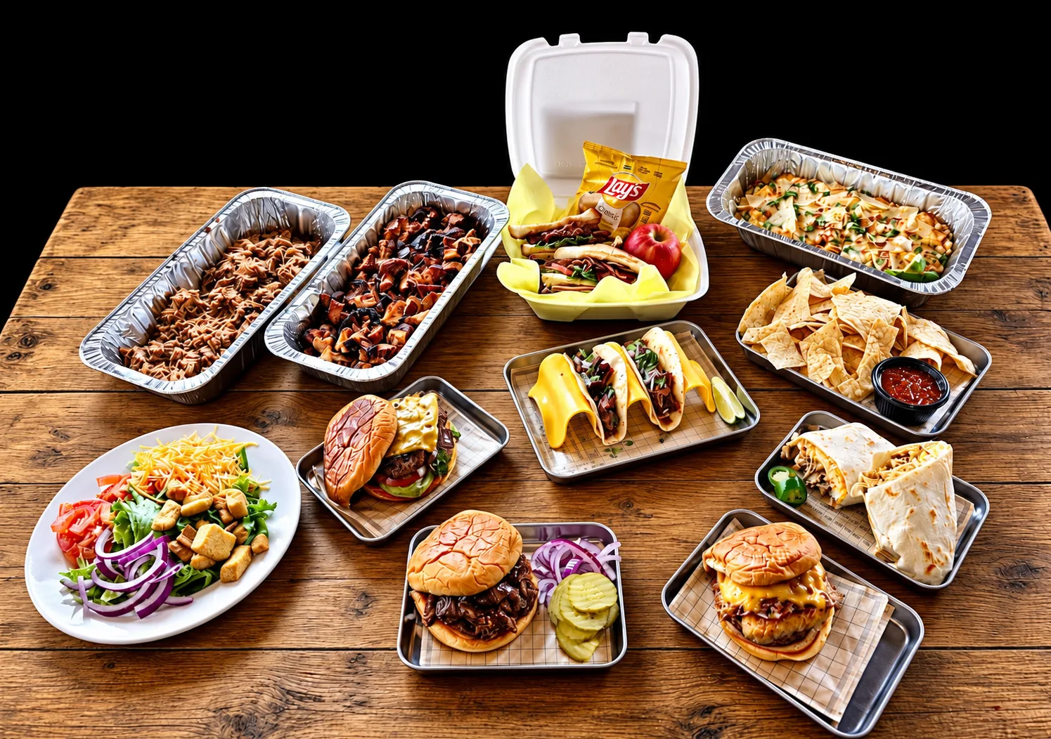 A catering spread laid out on a wood table