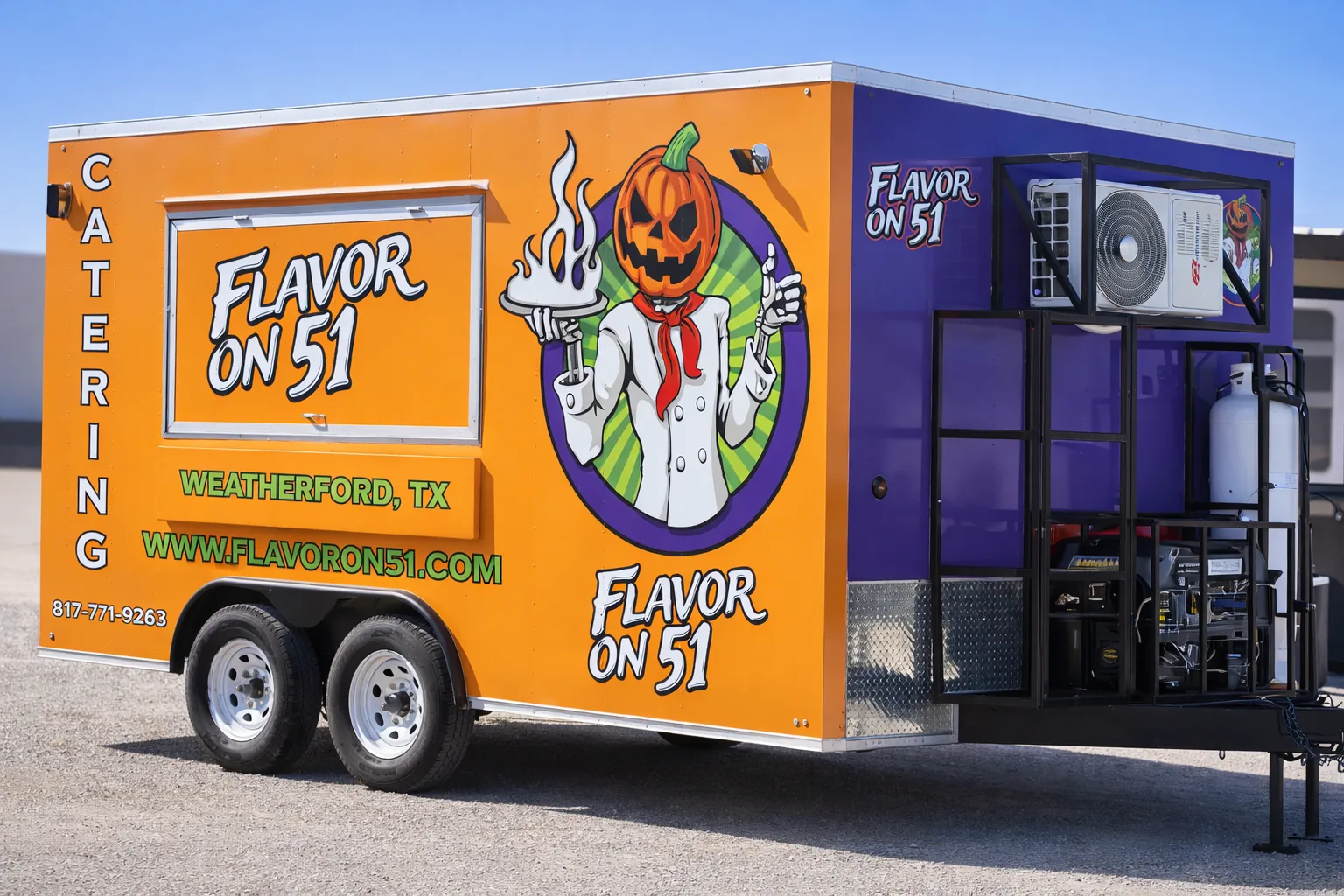 The Flavor on 51 food trailer, orange and purple, with Clancy the jack-o-lantern chef on the side